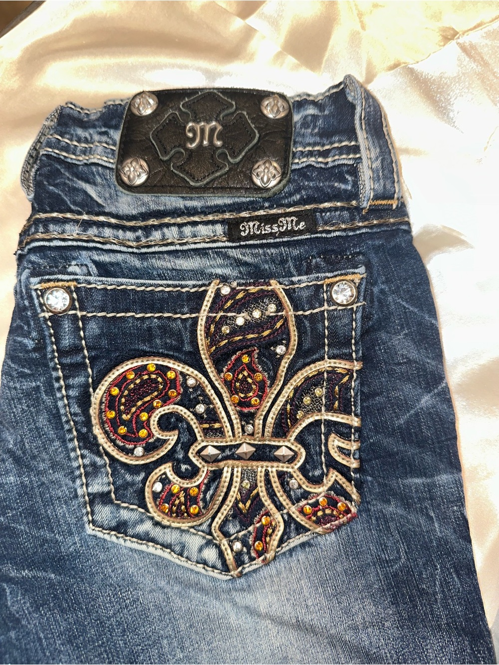 Miss Me Blue Denim Jeans with Embellished Fleur-de-Lis Pocket